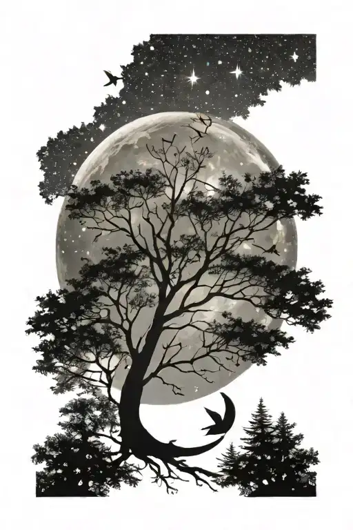 stars with moon and trees and birds flying away tattoo design idea