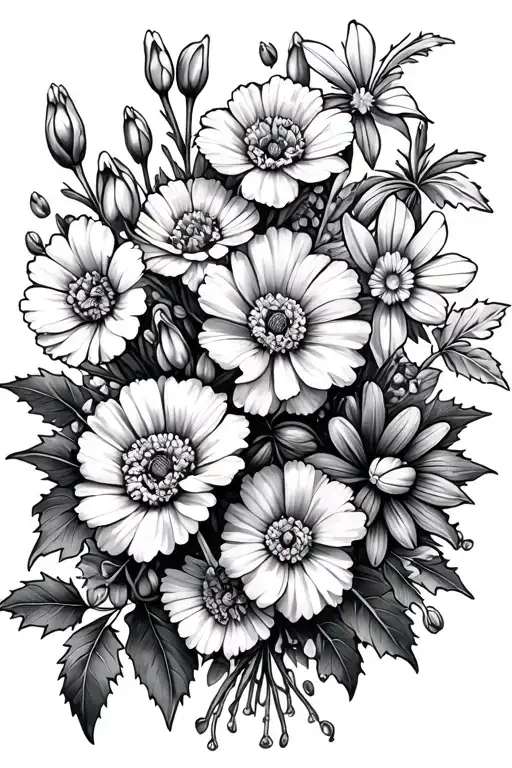 bundle of flowers carnation, snowdrop, violets, primrose, daisy, sweet pea, holly and narcissus tattoo design idea