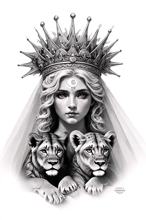 black & grey realism- greek goddess with light color hair, wearing crown with veil flowing oveeyes, 2 lion cubs and moon tattoo design idea