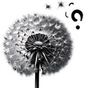 One Delicate dandelion with seeds blowing away and above the flower and with one of the seeds is a semicolon (;) and one tattoo design idea