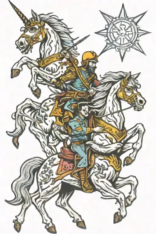 zombie Warriors riding unicorns fighting trolls tattoo design idea