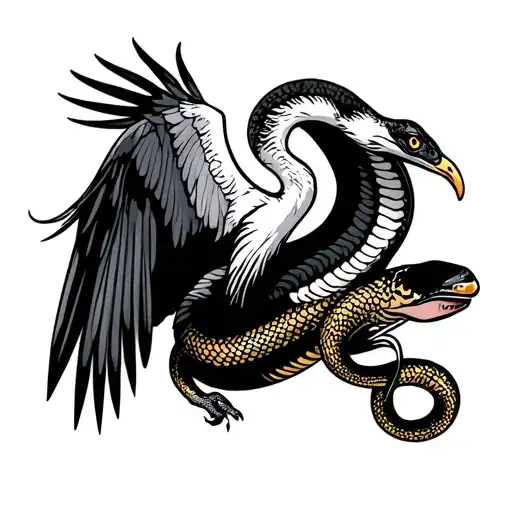 Crane bird flying carrying a king cobra tattoo design idea