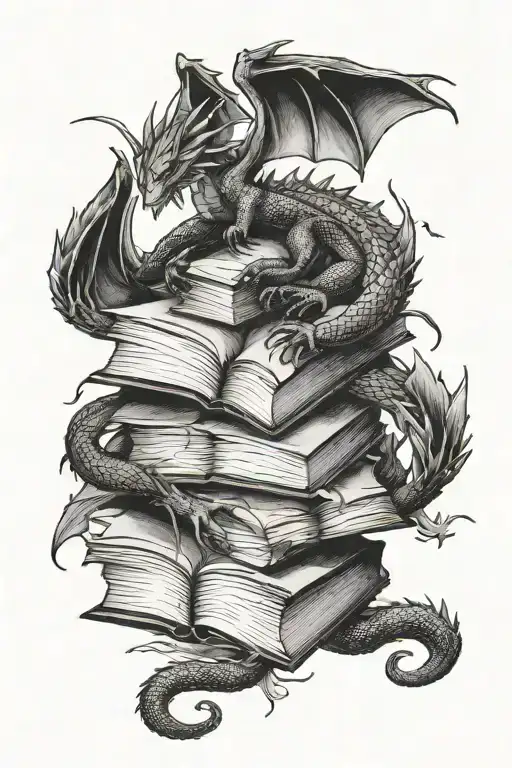 stack of open books surrounded by dragon flying away tattoo design idea