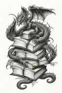 stack of open books surrounded by dragon flying away tattoo design idea