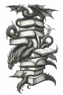 stack of open books surrounded by dragon flying away tattoo design idea