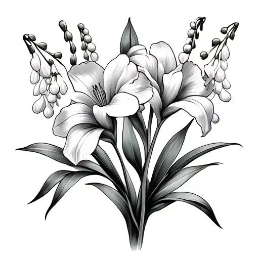 Small simple, minimalistic tattoo of Gladiolus and Lily of the Valley flowers. Few flowers with intertwined stems. No sh tattoo design idea