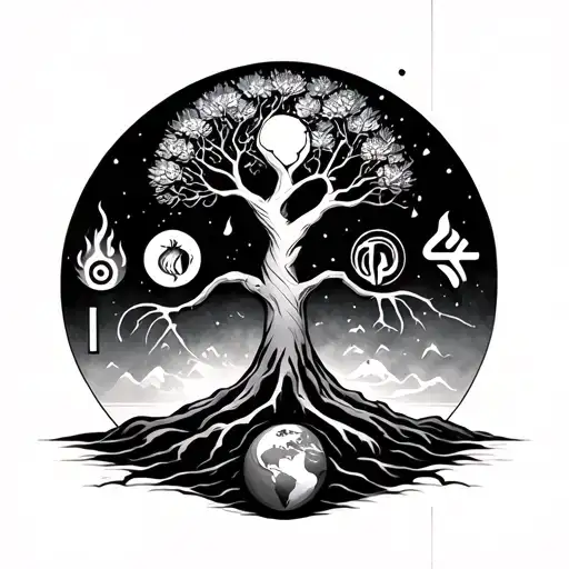 The world tree and hieroglyphs of the elements - water, fire, air, earth tattoo design idea