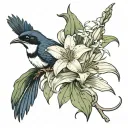willie wagtail bird with tail flared and lily flower. no background. some colour in bird and lilys but muted/dark tones tattoo design idea