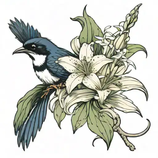 willie wagtail bird with tail flared and lily flower. no background. some colour in bird and lilys but muted/dark tones tattoo design idea