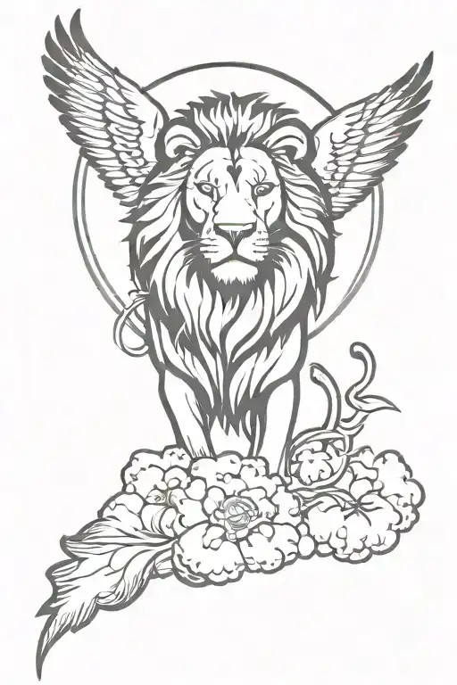 Lion, dove, bible verse written, clouds surrounding tattoo design idea