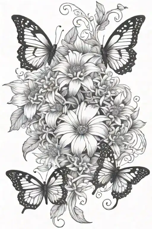 chrysanthemum flower, morning glory flower, forget me not flower, moon and stars, butterfly and trebel cleft  tattoo design idea
