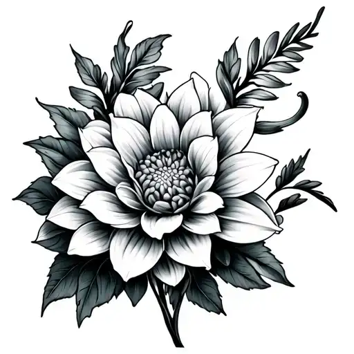 dahlia flower and Cali lily flower intertwined tattoo design idea