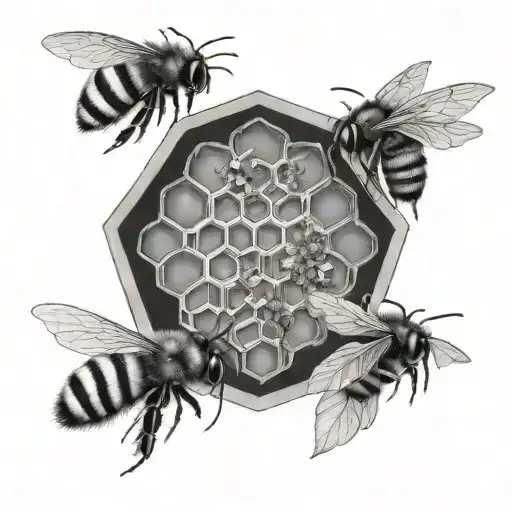 Create a tattoo image for a black and white tattoo with honeycomb, a realistic heart that is a beehive, two bumblebees,  tattoo design idea