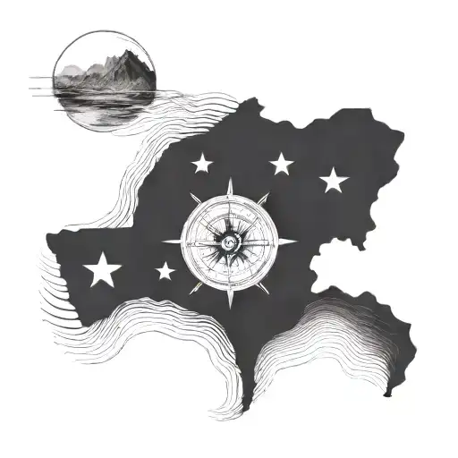 Incorporate elements of Texas, China, Taiwan, and Biervliet, Zeeland into a tattoo design centered around a compass, with subtle natural elements like waves and mountains to represent each location. tattoo design idea
