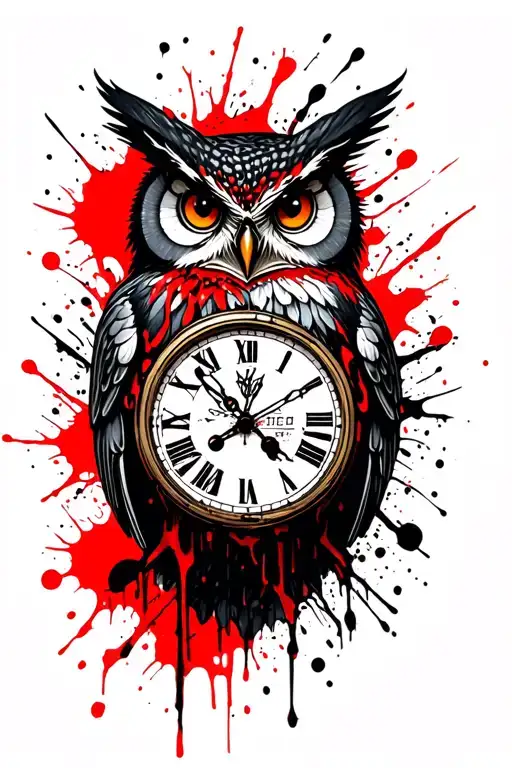 Tattoo on the forearm in trash polka style with an owl with red strokes, a mechanical clock on which the time is 12, hon tattoo design idea