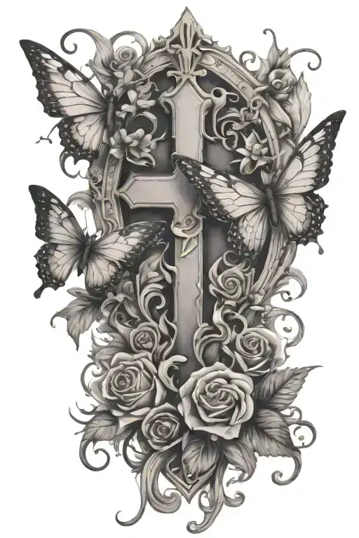 half sleeve tatto design, includes butterflys, a cross, and angels tattoo design idea