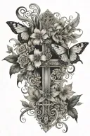 half sleeve tatto design, includes butterflys, a cross, and angels tattoo design idea