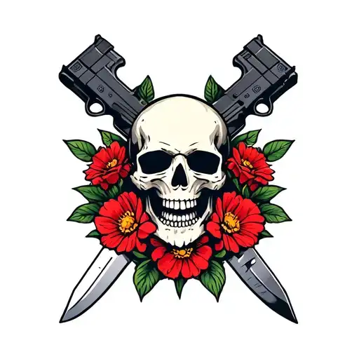 skull from black ops 2 with knife and pistol in emblem surrounded by flowers tattoo design idea