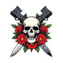 skull from black ops 2 with knife and pistol in emblem surrounded by flowers tattoo design idea