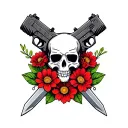 skull from black ops 2 with knife and pistol in emblem surrounded by flowers tattoo design idea