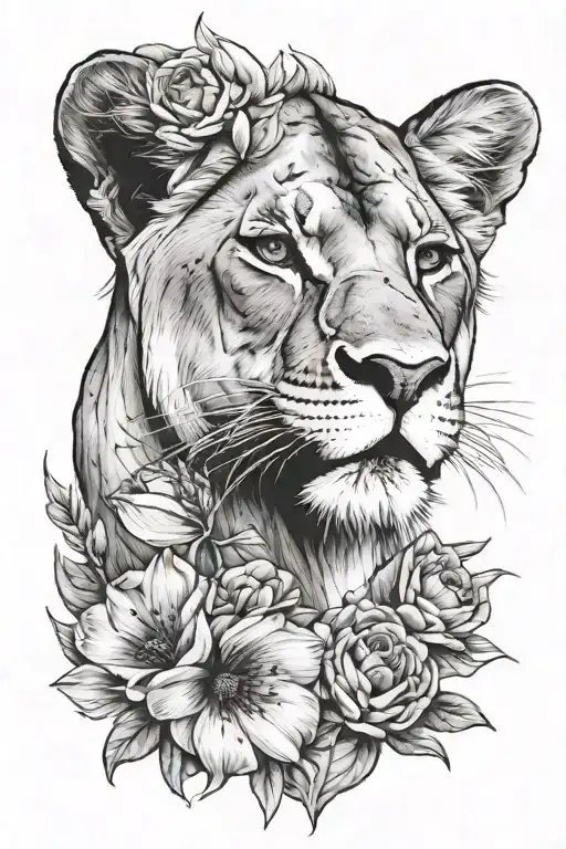 one side of a lioness face with half of a flower tattoo tattoo design idea