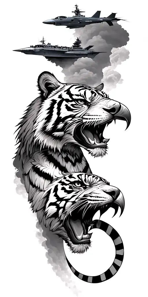 tiger, eagle, jet, titan, trojan, and aircraft carrier tattoo design idea