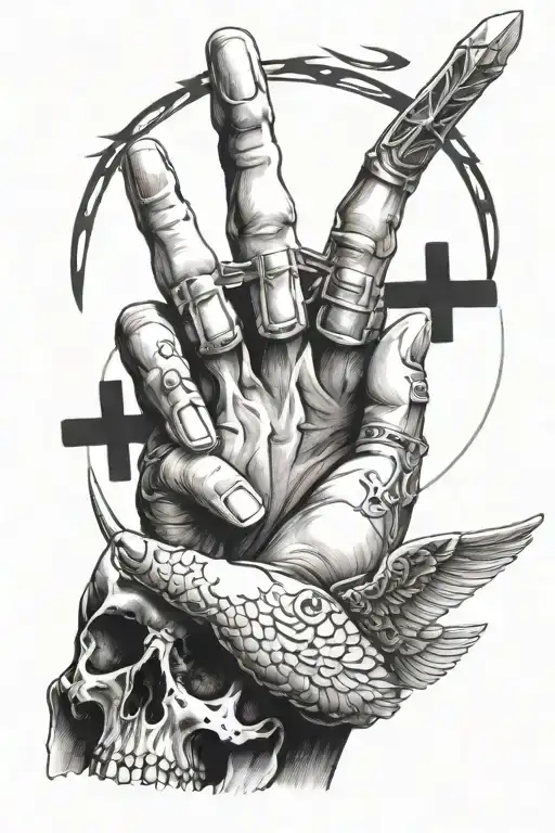 biblically accurate angel wings on the pointer and middle fingers, bones on ring and pinkie finger, and a cross go down tattoo design idea