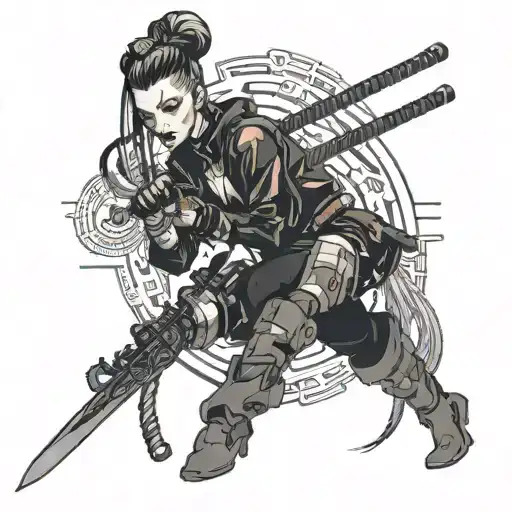 cyberpunk woman with two ponytails  holding katana tattoo design idea