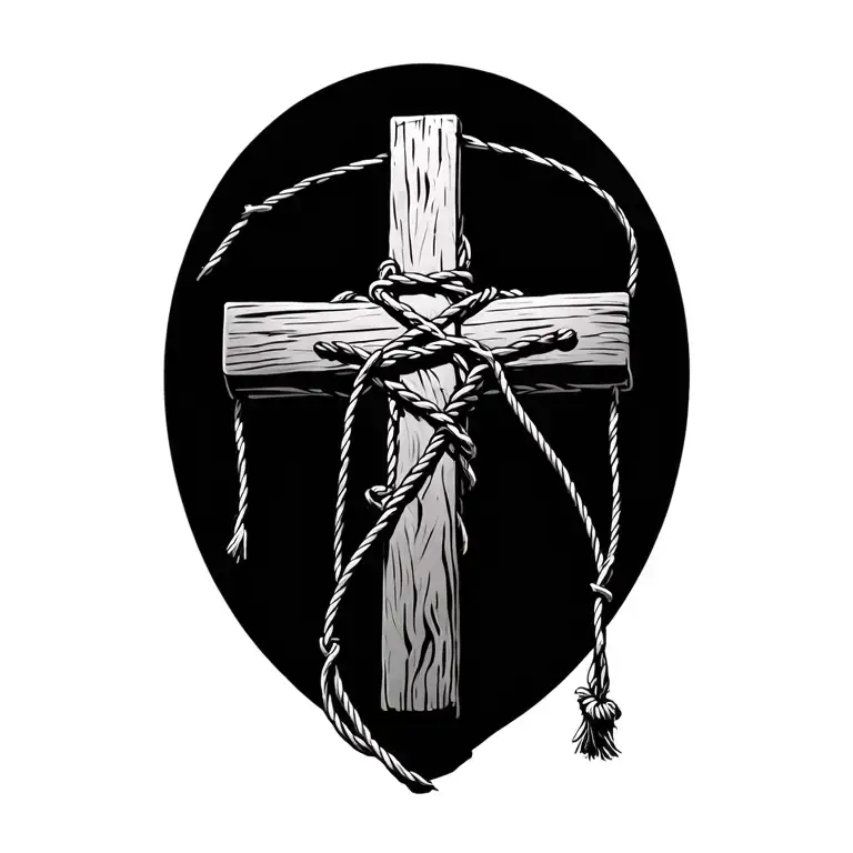 wooden cross wrapped in barb-wire with a rolled up larait rope hanging off of cross tattoo design idea