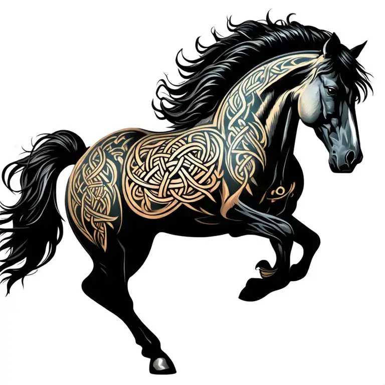 mustang horse head back high raising up verticaly high up scared or angry no clipping with celtic knots zoom out tattoo design idea
