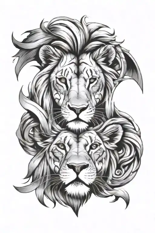 Black and white lions face with cross through one eye and long to fit an arm tattoo design idea
