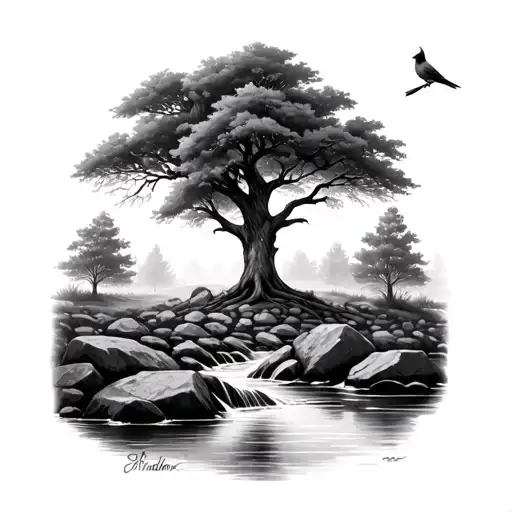 A realistic stream with rocks and stone leading up to an oak tree with a cardinal in the tree tattoo design idea