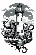 lighthouse with octopus and clouds  tattoo design idea