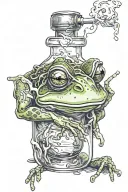 frog smoking a pipe in a bottle with a rag stuck in the top on fire 🔥  tattoo design idea