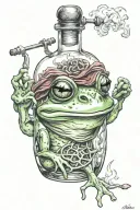 frog smoking a pipe in a bottle with a rag stuck in the top on fire 🔥  tattoo design idea