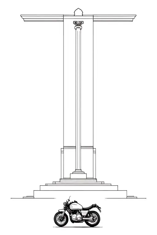 A motorcycle facing a monument of Leonardo da Vinci art work tattoo design idea
