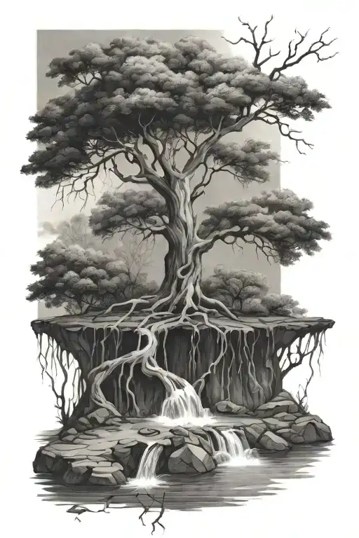 a tree planted by water, that sends out its roots by the stream tattoo design idea