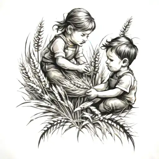 Children plant wheat tattoo design idea