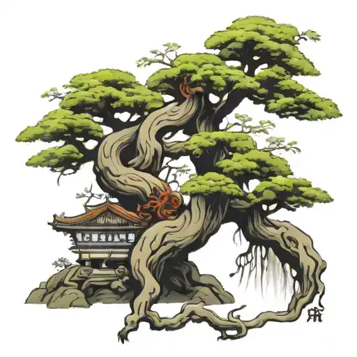 Japanese bonsai tree intertwined tattoo design idea