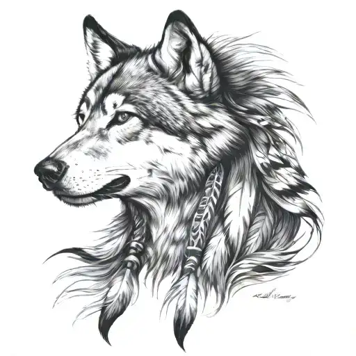 wolf  in the head of a native American girl tattoo design idea