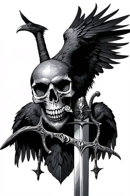 skull crow and sword tattoo design idea