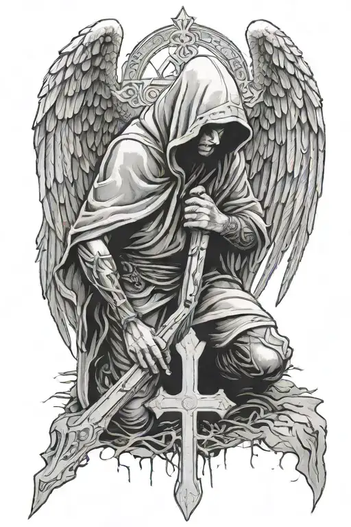 a hooded man kneeling infront of a cross with decaying angel wings on his back  tattoo design idea