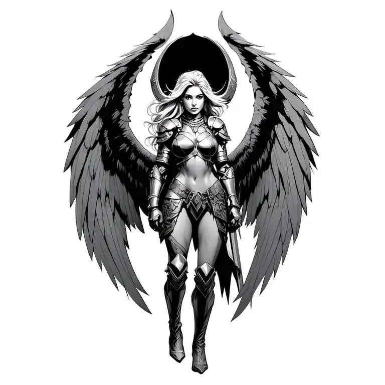 armored valkyrie warrior woman with huge wings spread tattoo design idea
