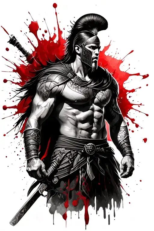 defiant spartan warrior blood spatter full body tattoo design idea