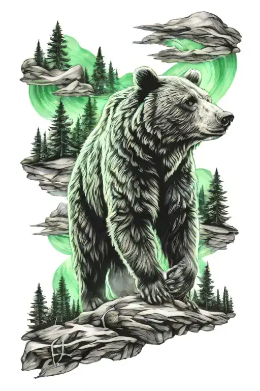 mama Bear surrounded by forest northern lights  tattoo design idea