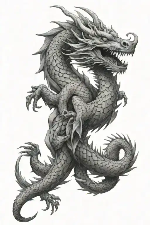 detailed pencil drawing featuring a dragon intertwined with two koi fish. The dragon has a serpentine body with scales a tattoo design idea