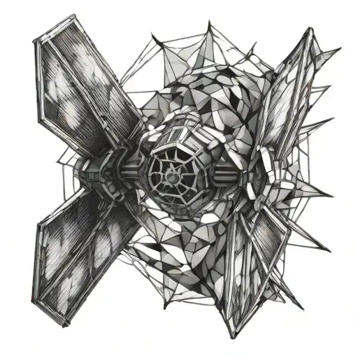 Tie fighter into hexagon pattern breaking away tattoo design idea