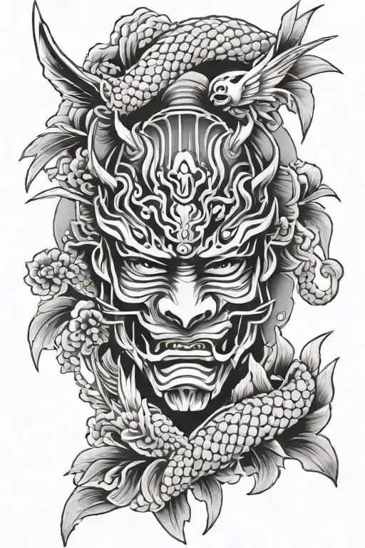samurai mask, crane, koi, bamboo tattoo design idea