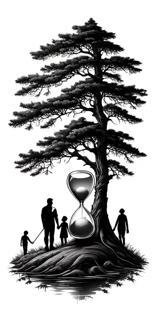 Pine forest wrap around and family tree and hour glass father with 3 kids and golf tattoo design idea