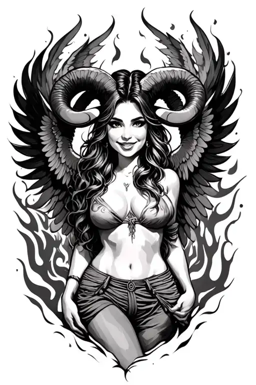 aries zodiac sign sexy smiling female wings fire surrounded tattoo design idea
